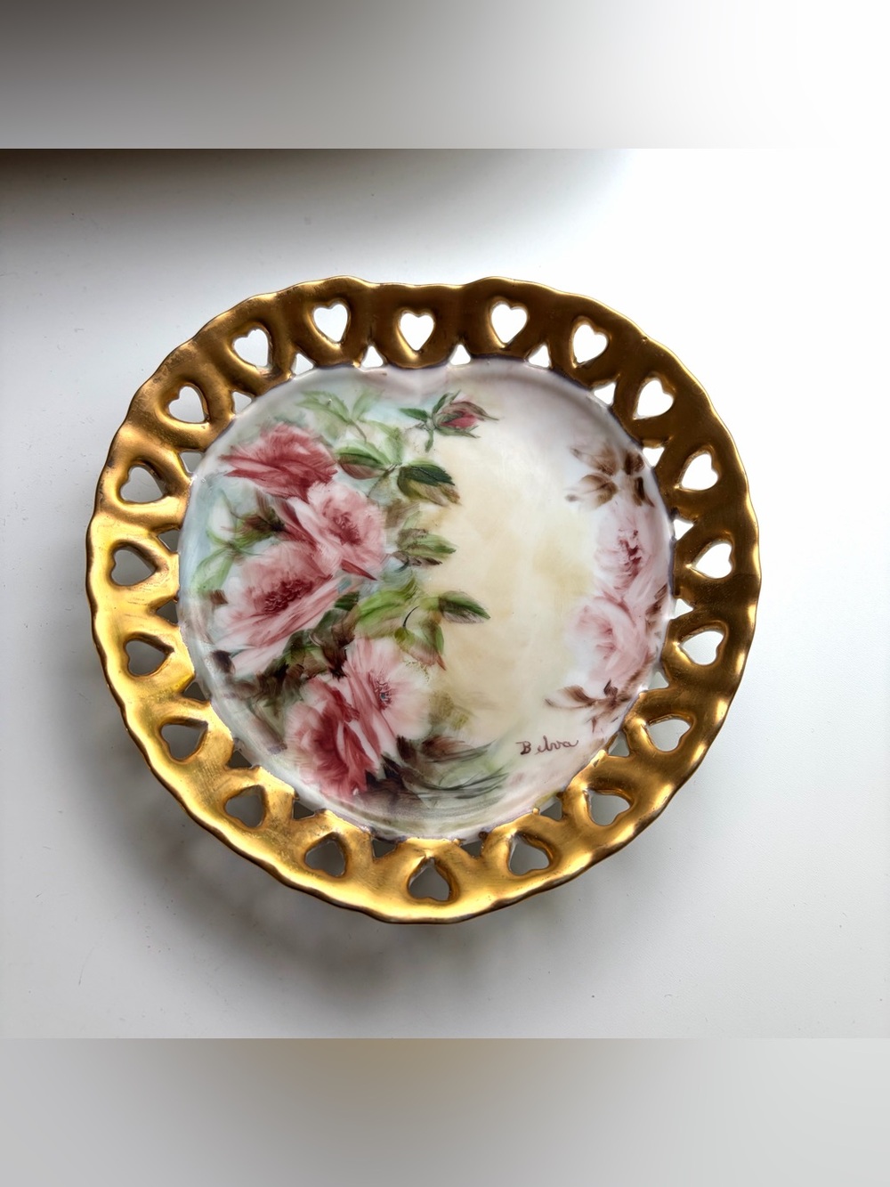 Vintage Handpainted Porcelain Heart Shaped wall Plate Pink Flowers